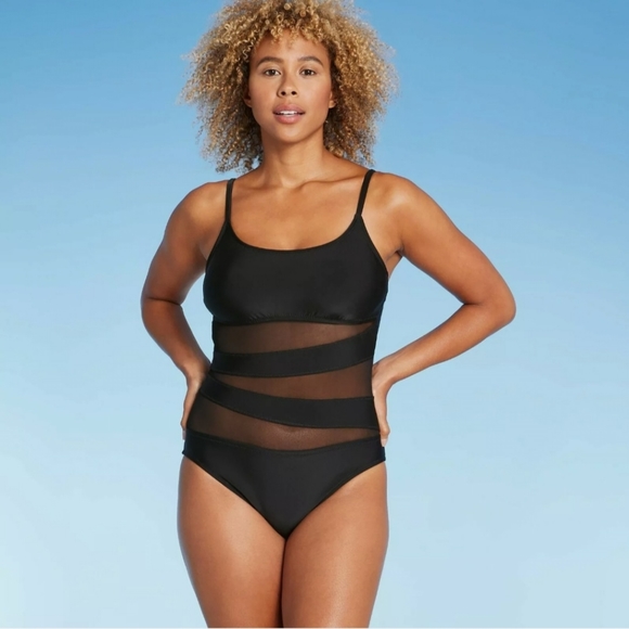 Shade & Shore 1 Piece Black Swimsuit with Black Mesh. NWT. Size Small. - Picture 5 of 9